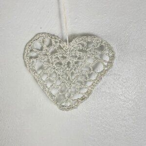 Vintage Ornament Crochet Heart Hand Made White Thread Sparkly Christmas Heart